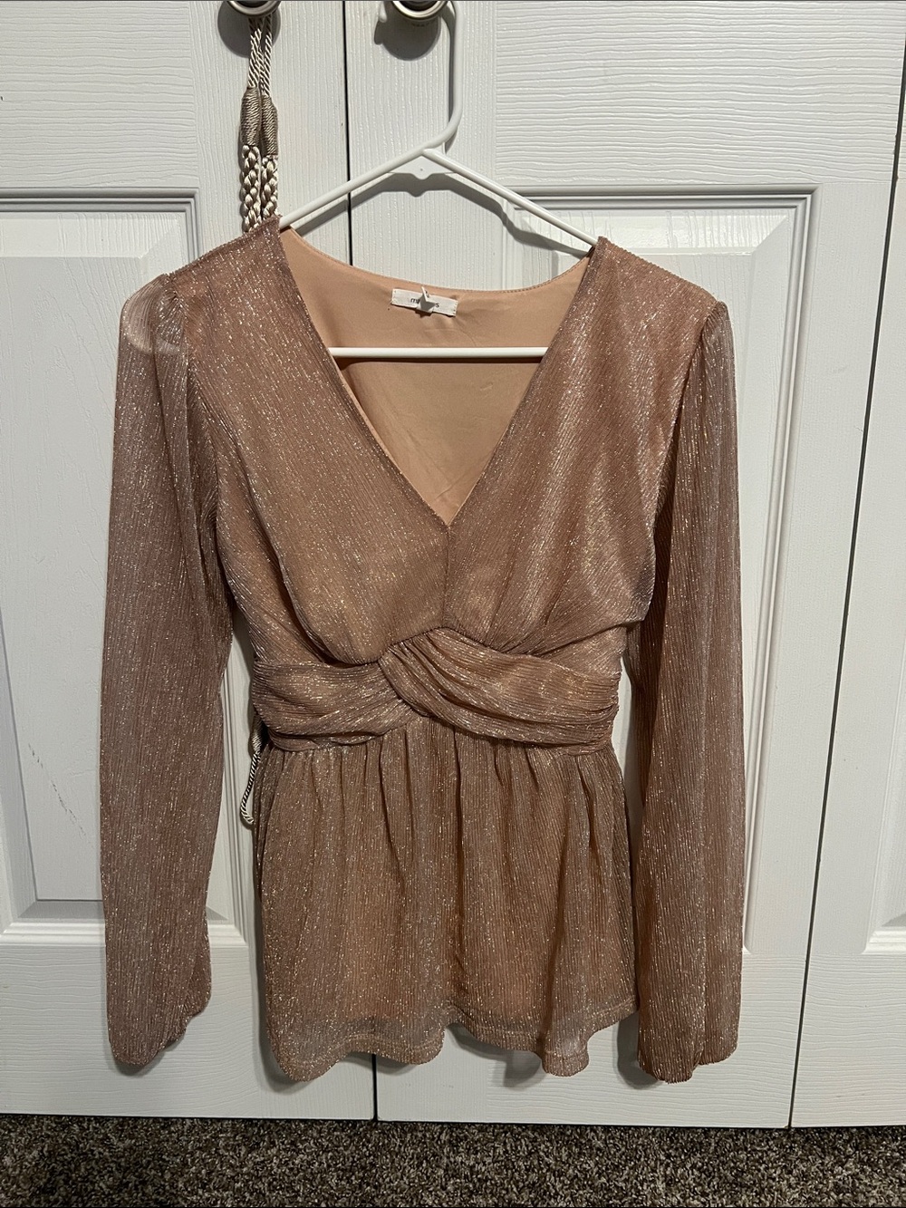 Shimmery Taupe Long-Sleeve V-Neck Twist-Waist Blouse